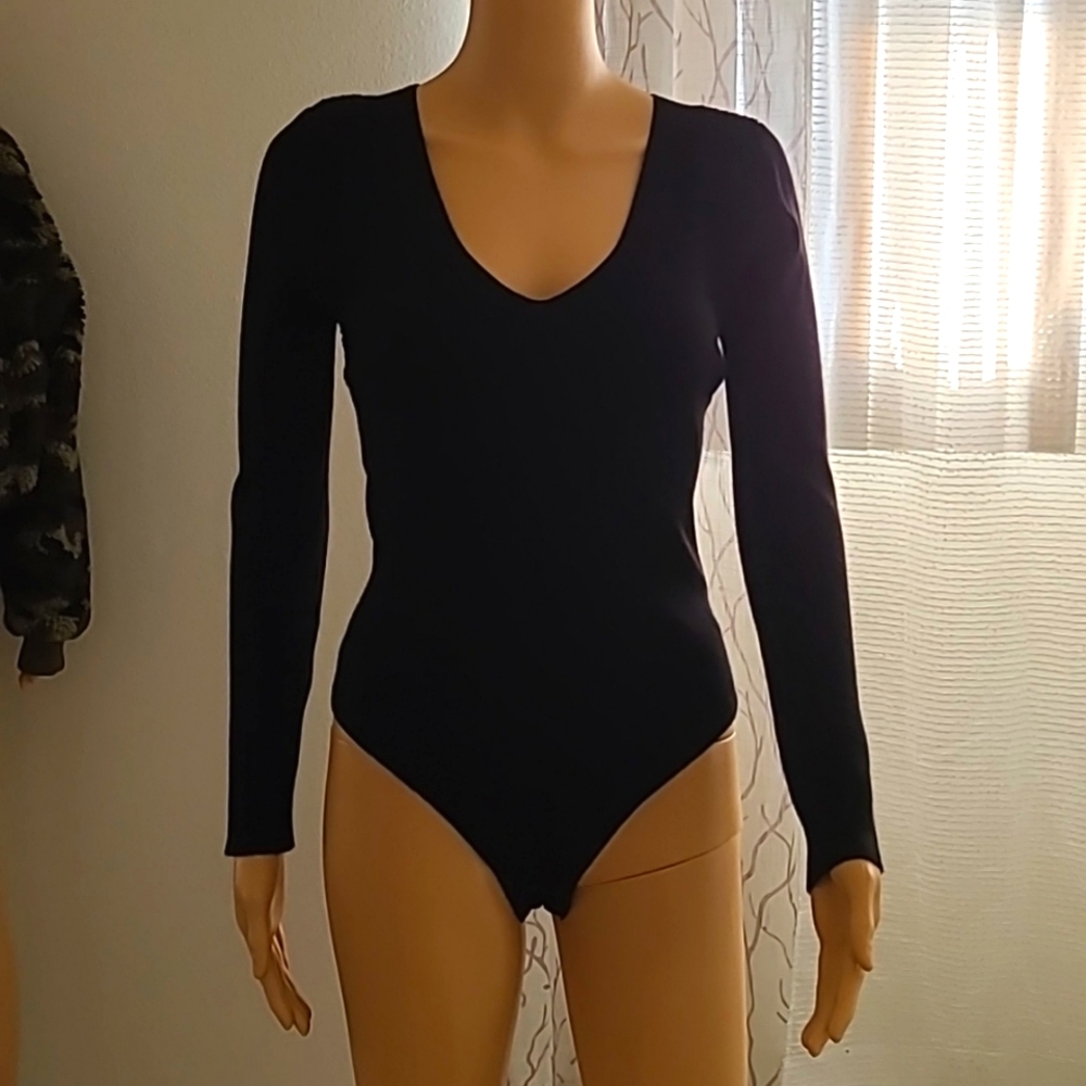 House of Harlow 1960 Black Rayon Blend Rib Knit Long Sleeve Body Suit Women's M